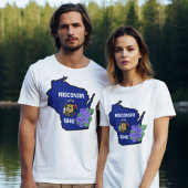 ウィスコンシン州旗と花共通ブルーバイオレット Tシャツ