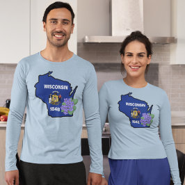ウィスコンシン州旗と花共通ブルーバイオレット Tシャツ