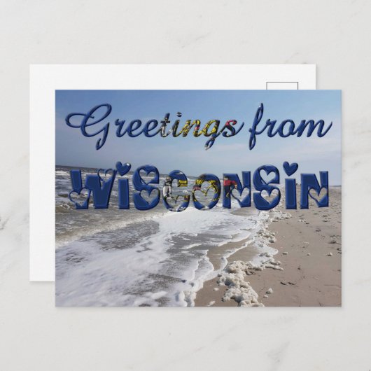 ウィスコンシン州旗よりの挨拶USAハート ポストカード (正面/裏面)