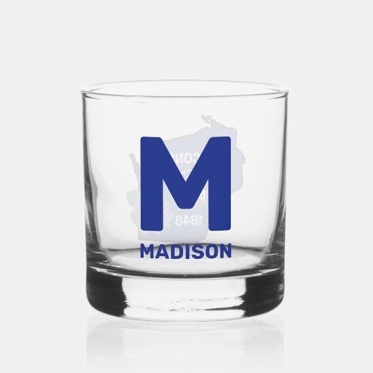 ウィスコンシン州旗&フラワーブルーバイオレット名前をカスタムする ウイスキーグラス (裏面)