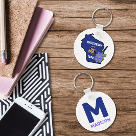 ウィスコンシン州旗&フラワーブルーバイオレット名前をカスタムする キーホルダー