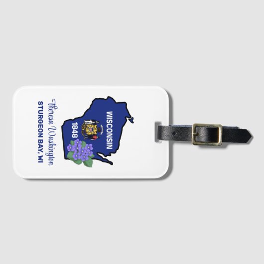 ウィスコンシン州旗&フラワーブルーバイオレット名前をカスタムする ラゲッジタグ (正面横)