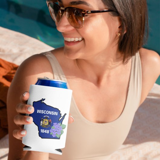 ウィスコンシン州旗&フラワーブルーバイオレット名前をカスタムする 缶クーラー