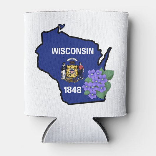 ウィスコンシン州旗&フラワーブルーバイオレット名前をカスタムする 缶クーラー (正面)
