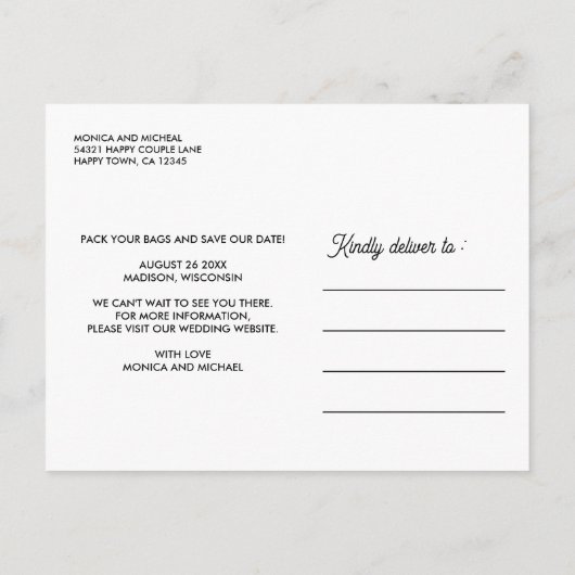 ウィスコンシン行き先ウェディング任意の色 案内ポストカード (裏面)