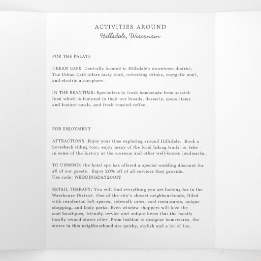 ウィスコンシ結婚ンのウェルカムレターと旅程 三つ折りプログラム (内部中)