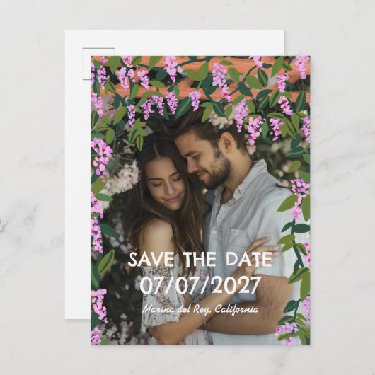 ウィステリアつる植物カスタムフローラ結婚写真 案内ポストカード (正面/裏面)