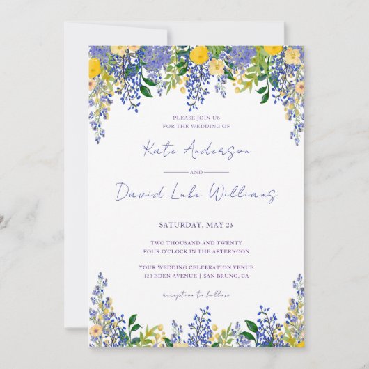 ウィステリアウォーターカラーラベンダーブルー結婚フローラ 招待状 (正面)