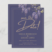 ウィステリアダスティパープル金ゴールド結婚式の日付を保存 (正面/裏面)