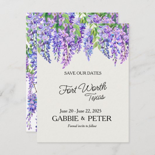 ウィステリアパープルフラワーズボタニカル庭園の結婚式 招待状 (正面/裏面)