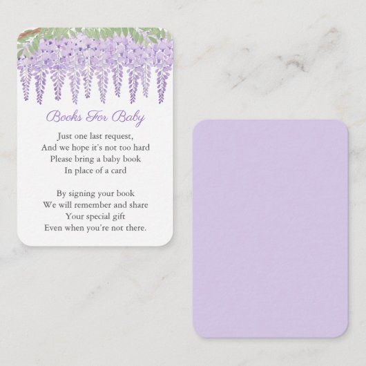 ウィステリアラベンダーフローラブックリクエスト赤ちゃんシャワー エンクロージャーカード (正面/裏面)