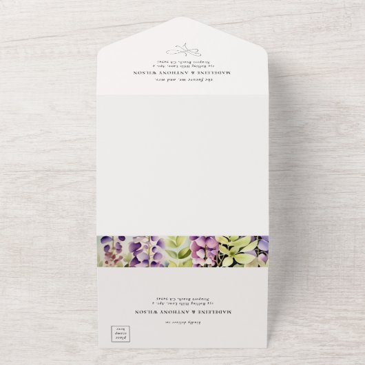 ウィステリアロマンティックガーデンパーティーパープルブルー結婚ズ オールインワン招待状 (外側)