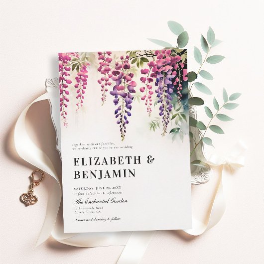 ウィステリアロマンティックガーデンパーティーピンクパープル結婚ズ 招待状