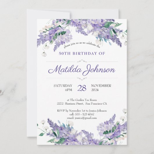 ウィステリア50誕生日フラワークラッシーパープルカスタム 招待状 (正面)