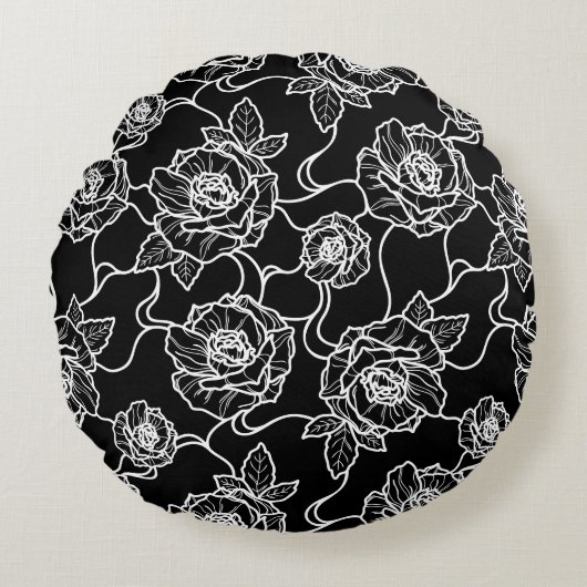 ウィスパーのバラエレガント、ラインアートフローラルパターン ラウンドクッション (正面)