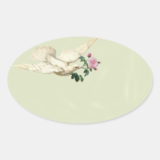 ウィスパーフランスのグリーンにピンクのバラを付けた鳩 楕円形シール (正面)