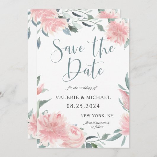 ウィスピーなピンクの水色フローラ結婚式の日付を保存 セーブザデート (正面/裏面)