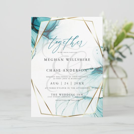 ウィスピーティール（緑がかった色）アルコールインクウォーター結婚カラー 招待状 (スタンド正面)