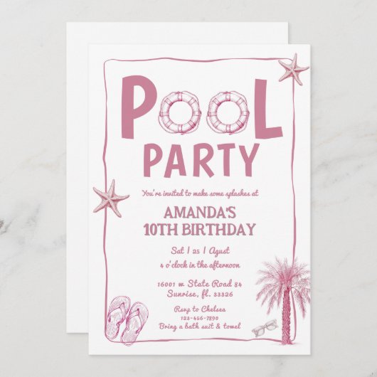 ウィスミックサマープールパーティー誕生日招待状 招待状 (正面/裏面)