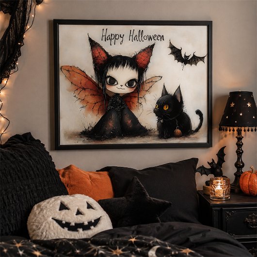 ウィズミゴス ハロウィーン フェアリーと黒猫の壁掛けアート ポスター