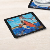 ウィッおもしろいチ飛んでいるブロムキャットシーグルスビーチ スクエアペーパーコースター (アングル)