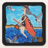 ウィッおもしろいチ飛んでいるブロムキャットシーグルスビーチ スクエアペーパーコースター (正面)