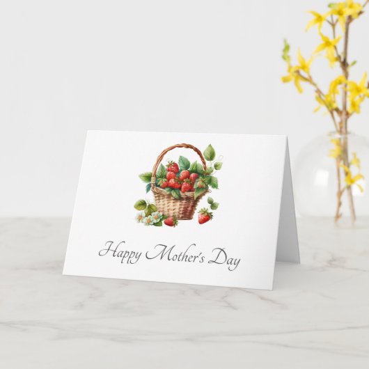 ウィッカーバスケットのお母さんの日に生のイチゴ カード (黄色い花)