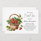 ウィッカーバスケットの赤ちゃんシャワーに新鮮なイチゴ 招待状 (正面/裏面)