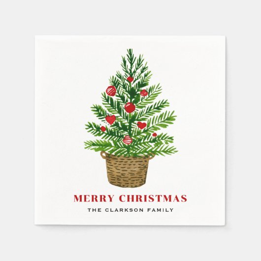 ウィッカーバスケット上のクリスマスツリーのクリスマスパーティー スタンダードカクテルナプキン (正面)