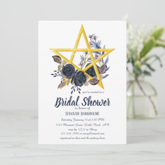 ウィッカ信者ブライダルシャワー | ゴシックフローラ星形五角形インビ 招待状 (スタンド正面)