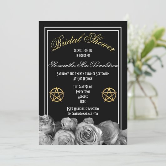 ウィッカ信者星形五角形ブラックフローラブライダルシャワー 招待状 (スタンド正面)