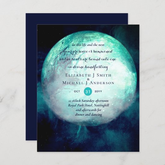 ウィッカ信者異教のティール(緑がかった色)ムーンゴシックハンドスティング招待状 (正面/裏面)