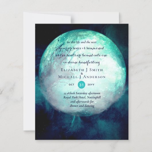 ウィッカ信者異教のティール(緑がかった色)ムーンゴシックハンドスティング招待状 (正面)