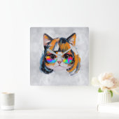 ウィッグとサングラスをかけた猫 (絵画 #2) スクエア壁時計 (ホーム)