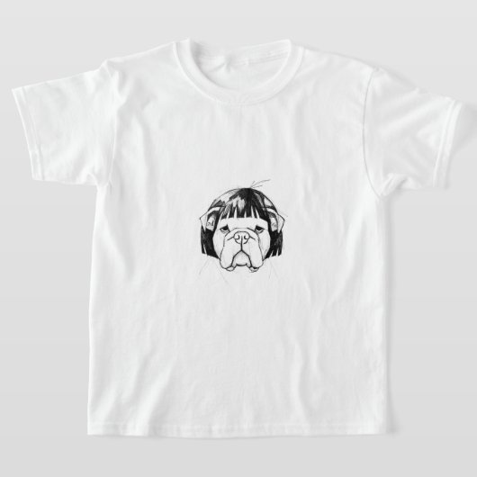 ウィッグを被ったブルドッグ(スタイル8) ファインアート Tシャツ (レイダウン)