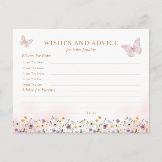 ウィッシュとアドバイス蝶の赤ちゃんシャワーカード ポストカード (正面)