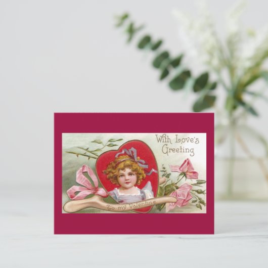 ウィッシュポーン、バラおよび女の子のヴィンテージのバレンタイン シーズンポストカード (スタンド正面)