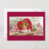 ウィッシュポーン、バラおよび女の子のヴィンテージのバレンタイン シーズンポストカード (正面/裏面)