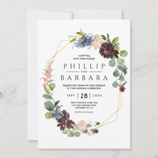 ウィッシュ ボルドー ブルー ウォーターカラー フラワーズ 招待状 (正面)