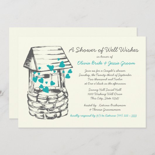 ウィッシングウェルカップルズシャワーターコイズハート 招待状 (正面/裏面)