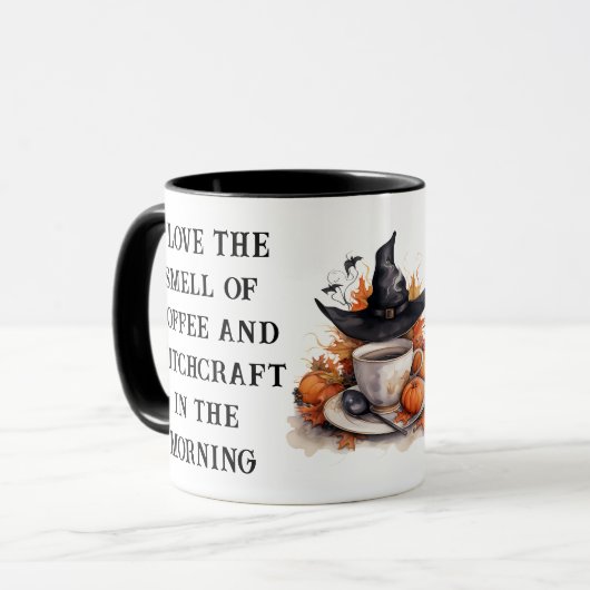 ウィッチおもしろいをテーマにしたオレンジ色の黒いカボチャのハロウィーン マグカップ (正面左)