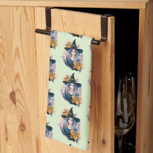 ウィッチかわいらしブラックハットスターパターンハロウィン キッチンタオル (三つ折り)