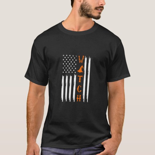 ウィッチアメリカ国旗動揺してハロウィーン Tシャツ (正面)