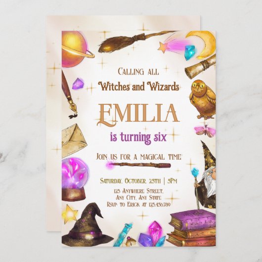 ウィッチアンドウィザーズ女子誕生日マジカルパーティー 招待状 (正面/裏面)