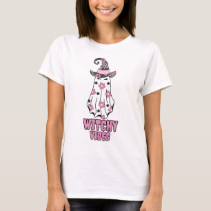"ウィッチィな雰囲気"ハロウィーンウィッチ幽霊ピンク Tシャツ