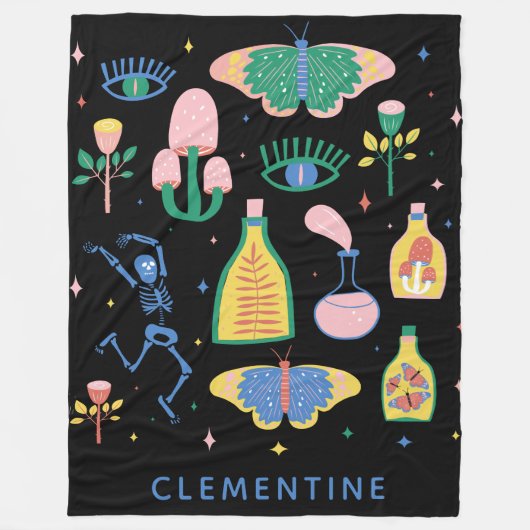 ウィッチカラフルー魔法ポーションパーソナライズされたブラック フリースブランケット (正面)