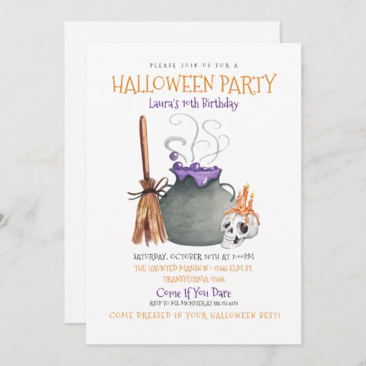 ウィッチカルドロンハロウィーン誕生日招待状 招待状 (正面/裏面)