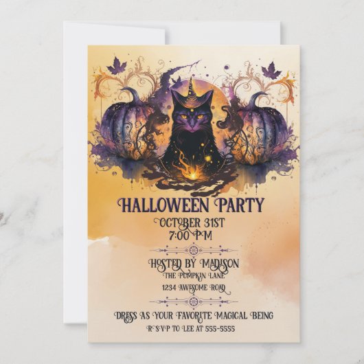 ウィッチキャットオータムカボチャハロウィーン 招待状 (正面)