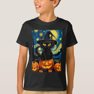 ウィッチキャットスタリーナイトバンゴッホレトロハロウィンカ Tシャツ