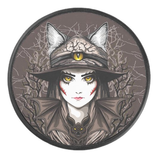 ウィッチキャットハロウィン不気味なかわいいポートレート アイスホッケーパック (正面)
